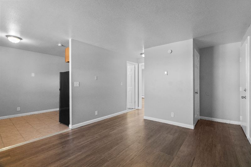 Living room open to kitchen and hallway